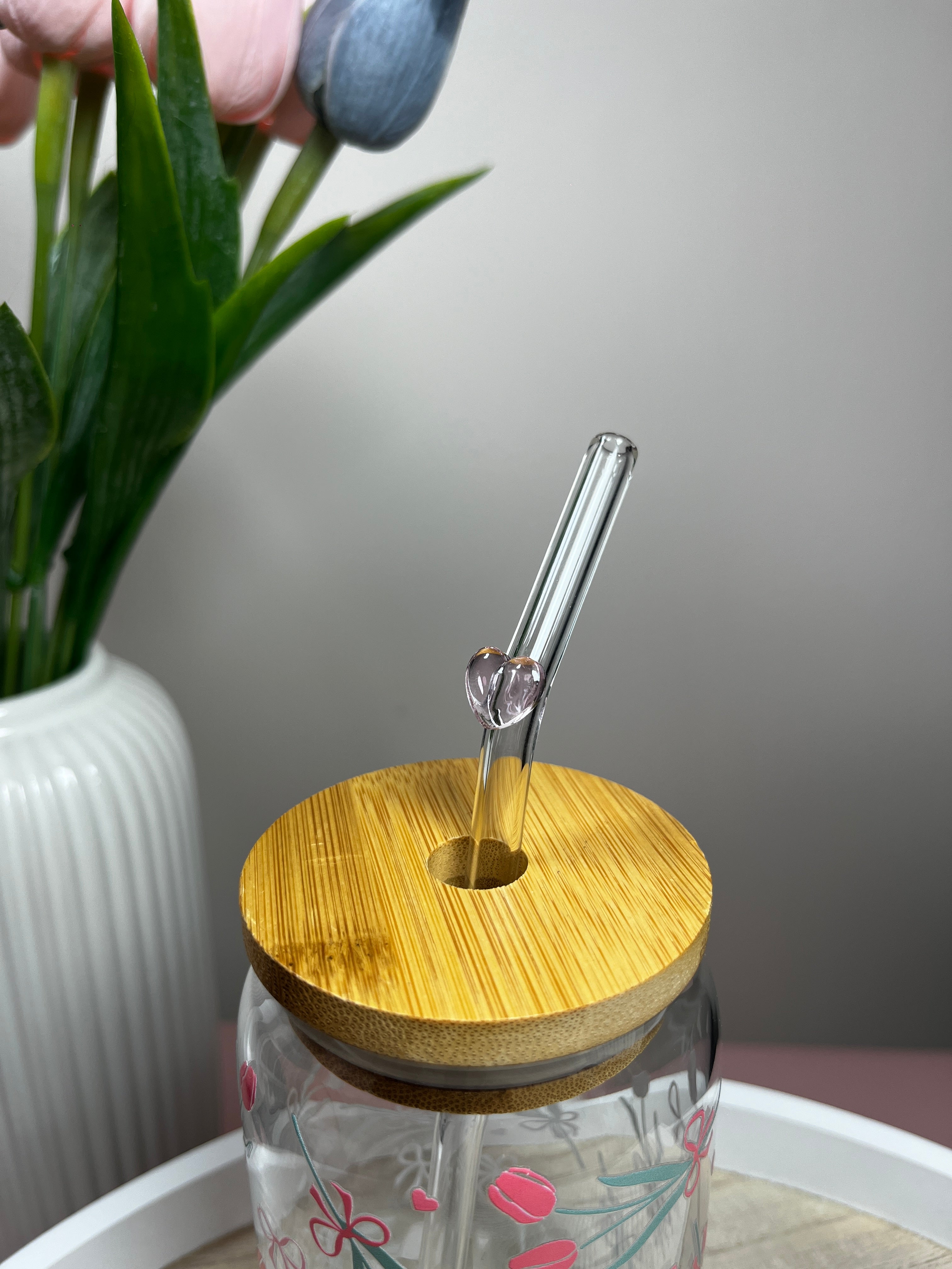 Skleněné brčko - Růžové srdíčko