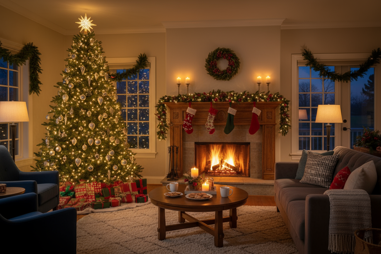 Místnost s vánočním stromečkem a krbem